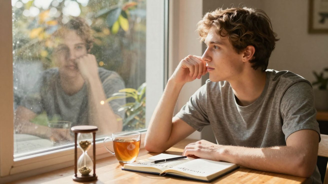 Jovem sentado à mesa olhando pela janela, com chá, ampulheta e caderno aberto à sua frente.