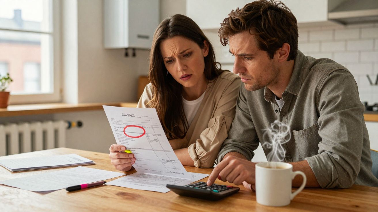 Casal sentado à mesa analisando conta de gás e usando calculadora, com expressão preocupada.