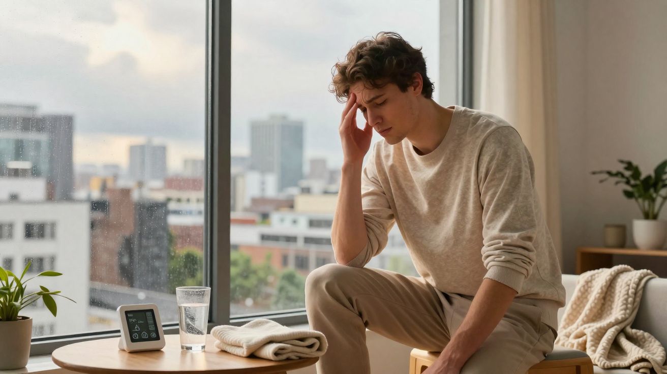 Jovem sentado com expressão de dor de cabeça próximo a janela em ambiente interno com mesa e plantas.