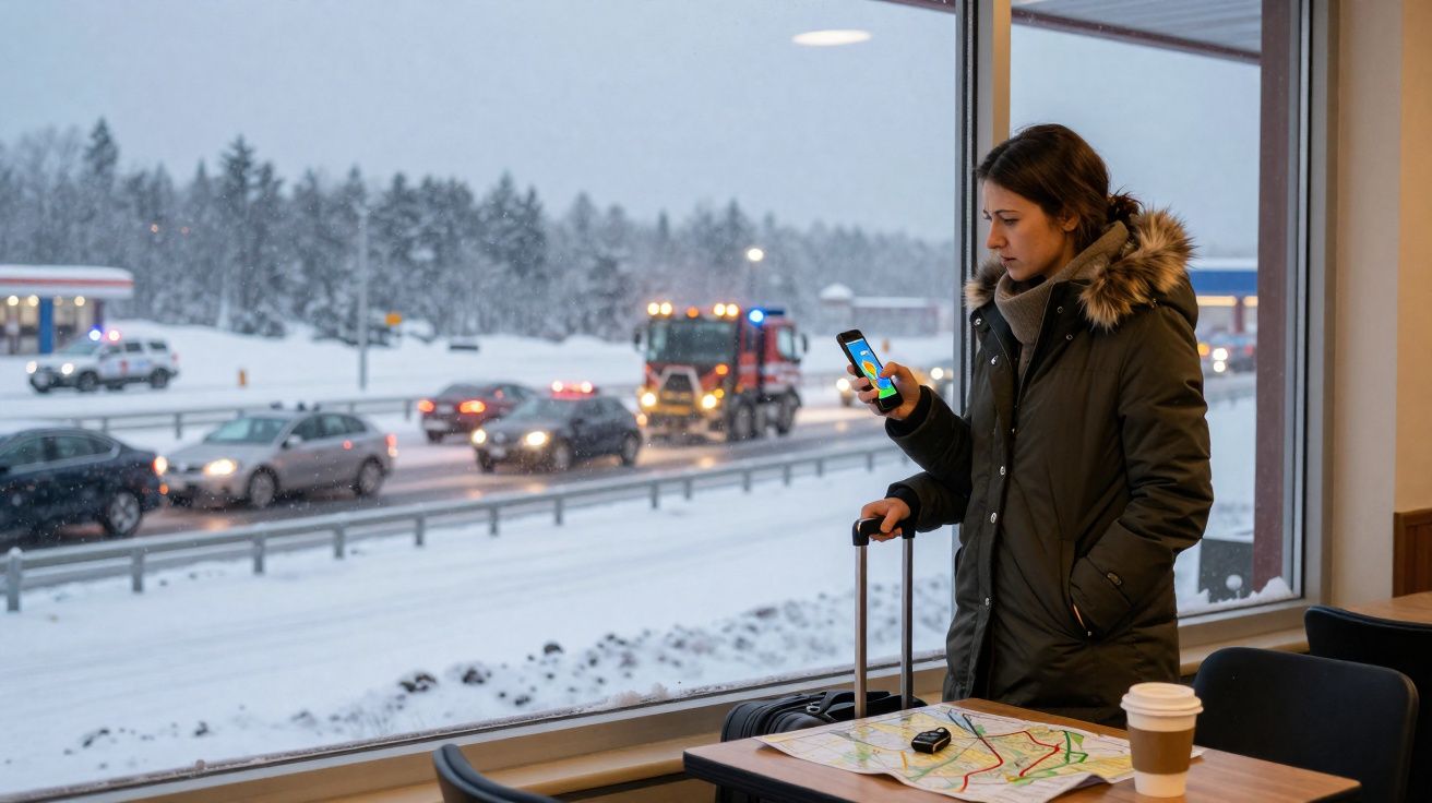 Mulher vestindo casaco de inverno olha celular ao lado de janela com vista da estrada nevada e carros em fila.