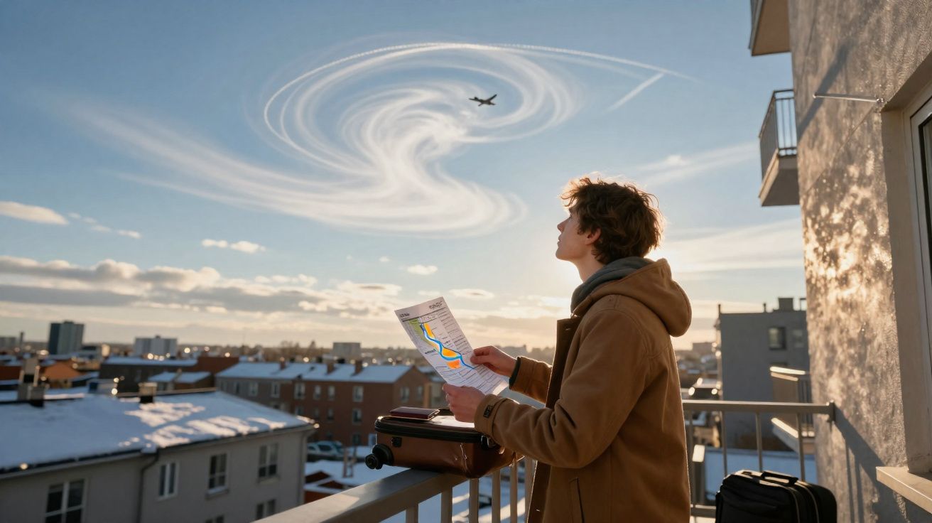 Pessoa com casaco marrom segura mapa em varanda olhando para avião no céu com nuvens em formato espiral.