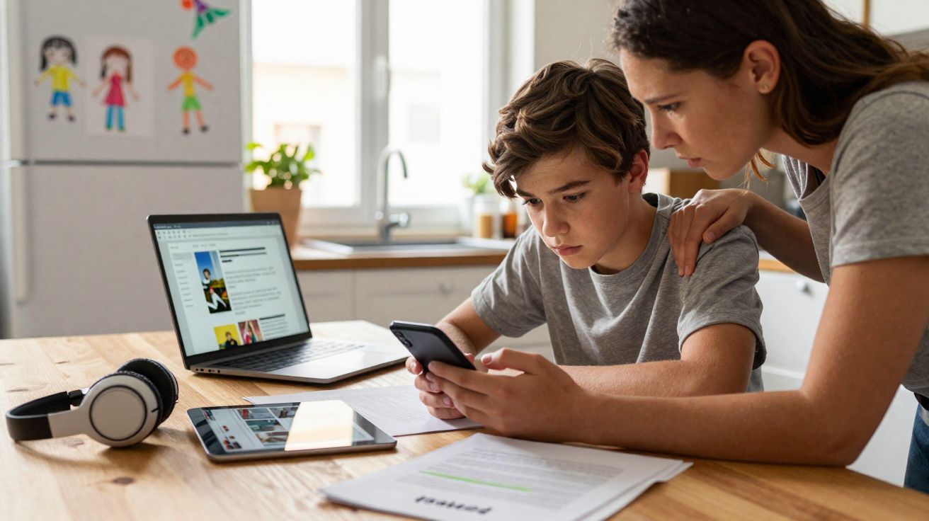 Adolescente usando celular com mãe ao lado, laptop, tablet e fones sobre mesa em cozinha.
