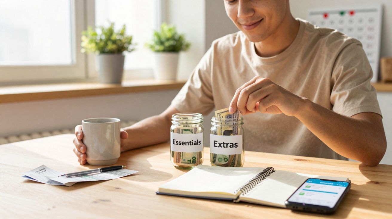 Pessoa organizando dinheiro em potes etiquetados como "Essentials" e "Extras" enquanto segura uma caneca.