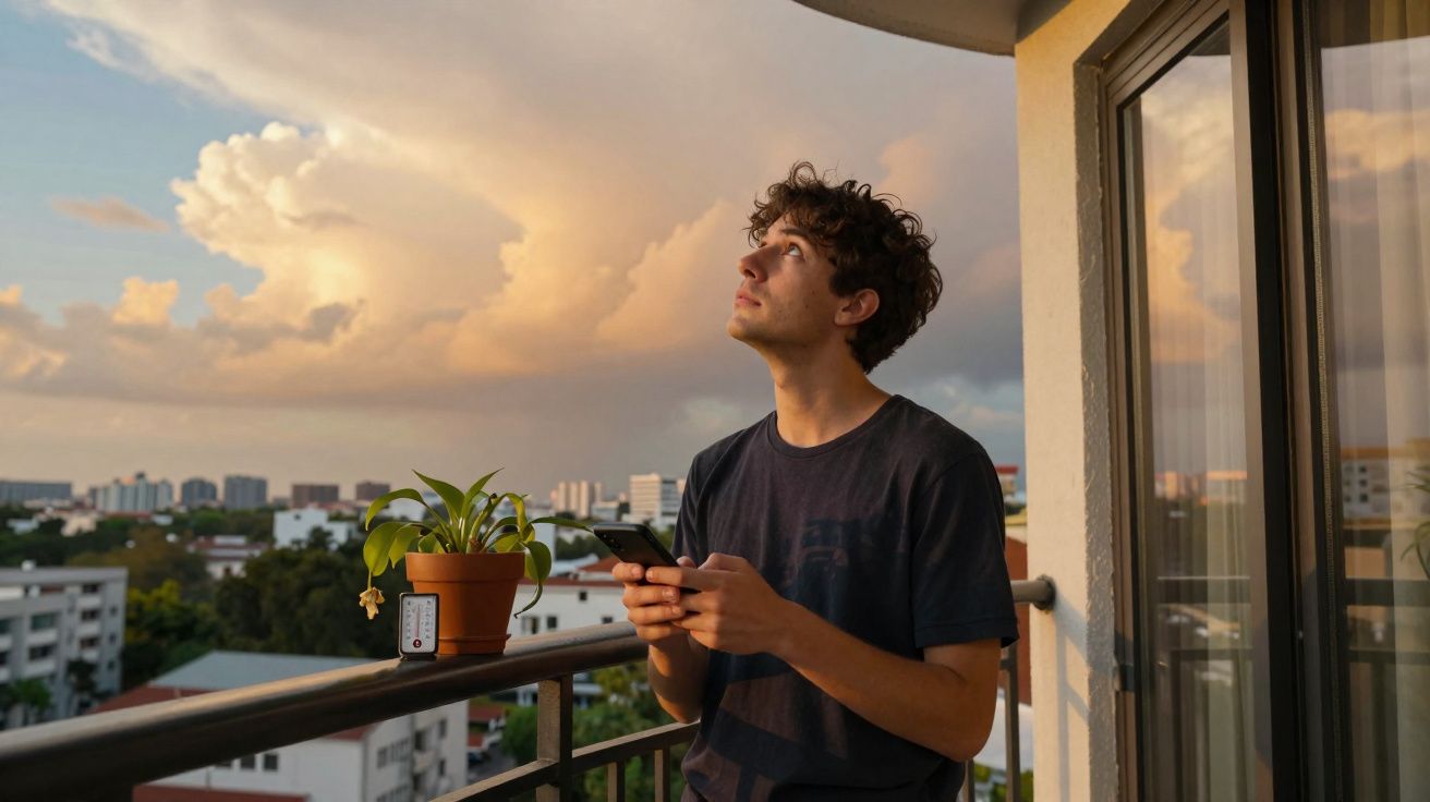Jovem em camiseta preta olhando para o céu ao pôr do sol em varanda de apartamento com plantas.