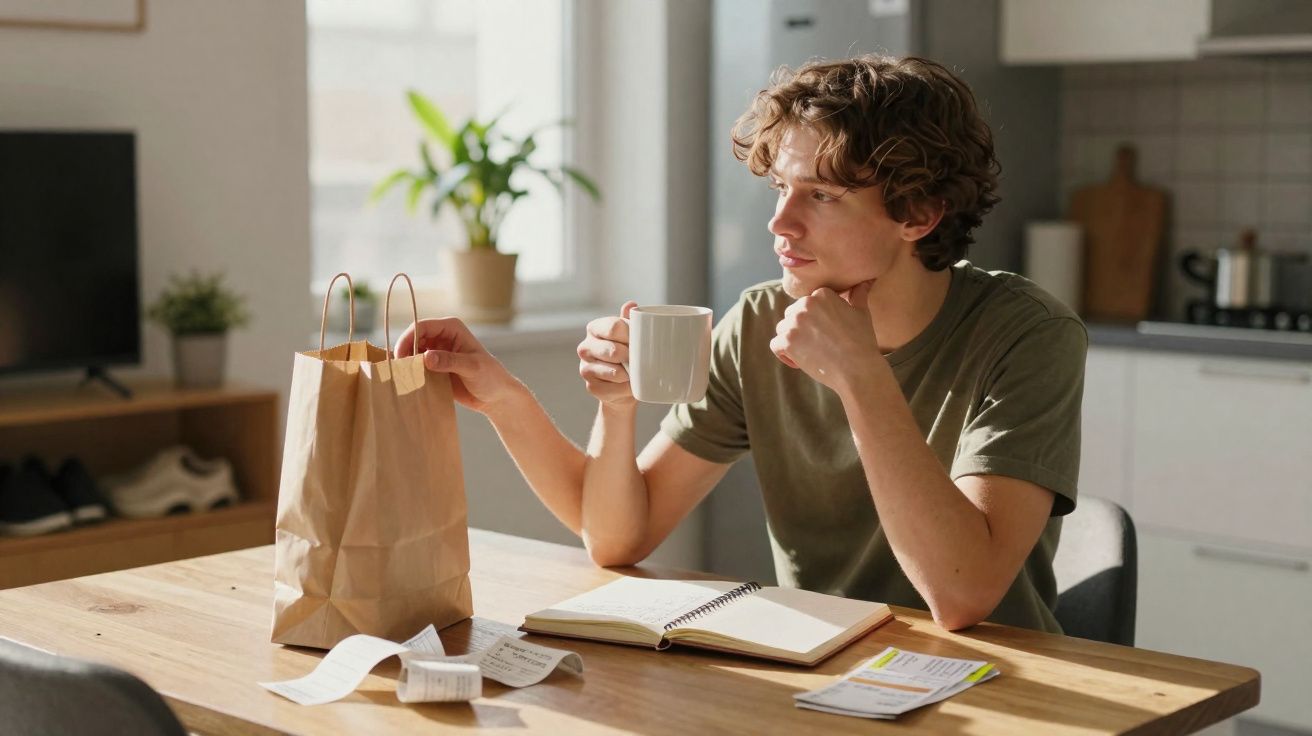 Jovem sentado à mesa com caneca, olhando para um saco de papel com anotações e cadernos.