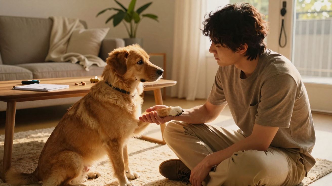 Homem sentado no chão cumprimentando um cachorro dourado dentro de uma sala iluminada.