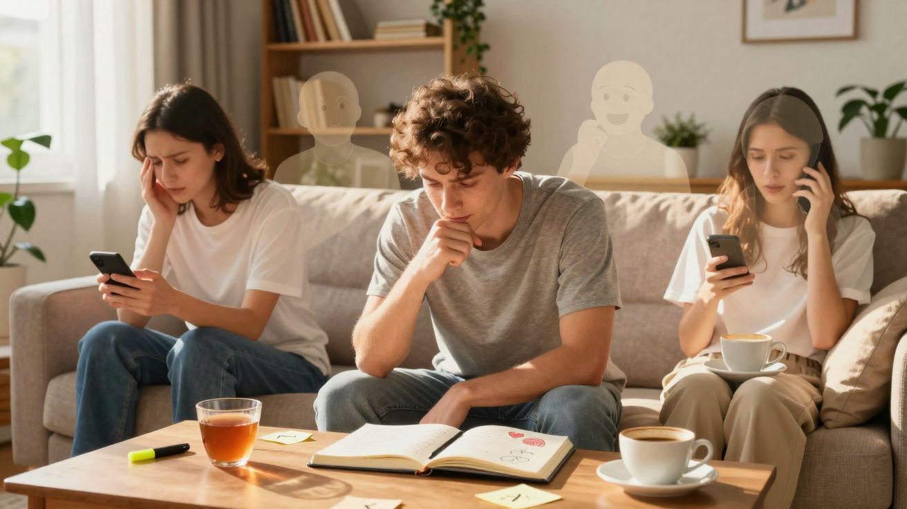 Três jovens sentados no sofá, usando celular e lendo, em ambiente iluminado e aconchegante.