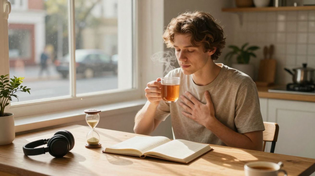 Jovem sentado à mesa, segurando xícara de chá quente enquanto lê livro aberto.