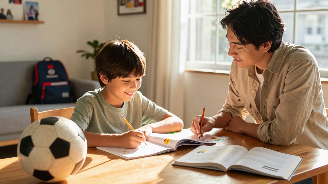 Criança e adulto sentado à mesa estudando juntos com material escolar e bola de futebol ao lado.