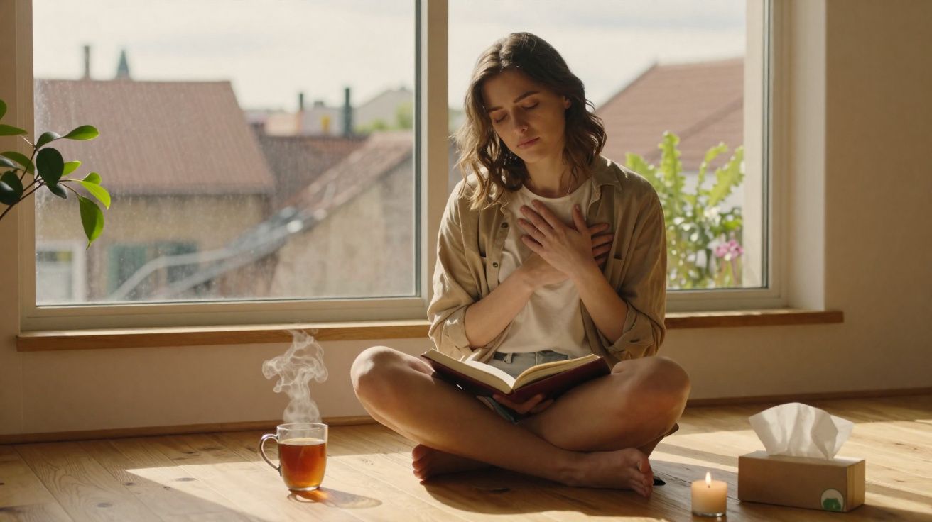 Mulher sentada no chão perto da janela lendo um livro com expressão de emoção e chá ao lado.