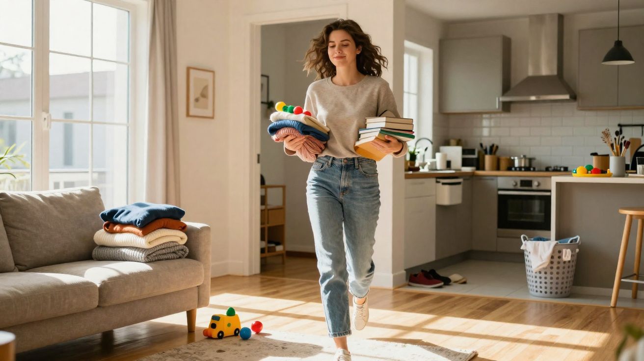 Mulher sorrindo carregando roupas e livros em ambiente de sala integrada com cozinha iluminada.