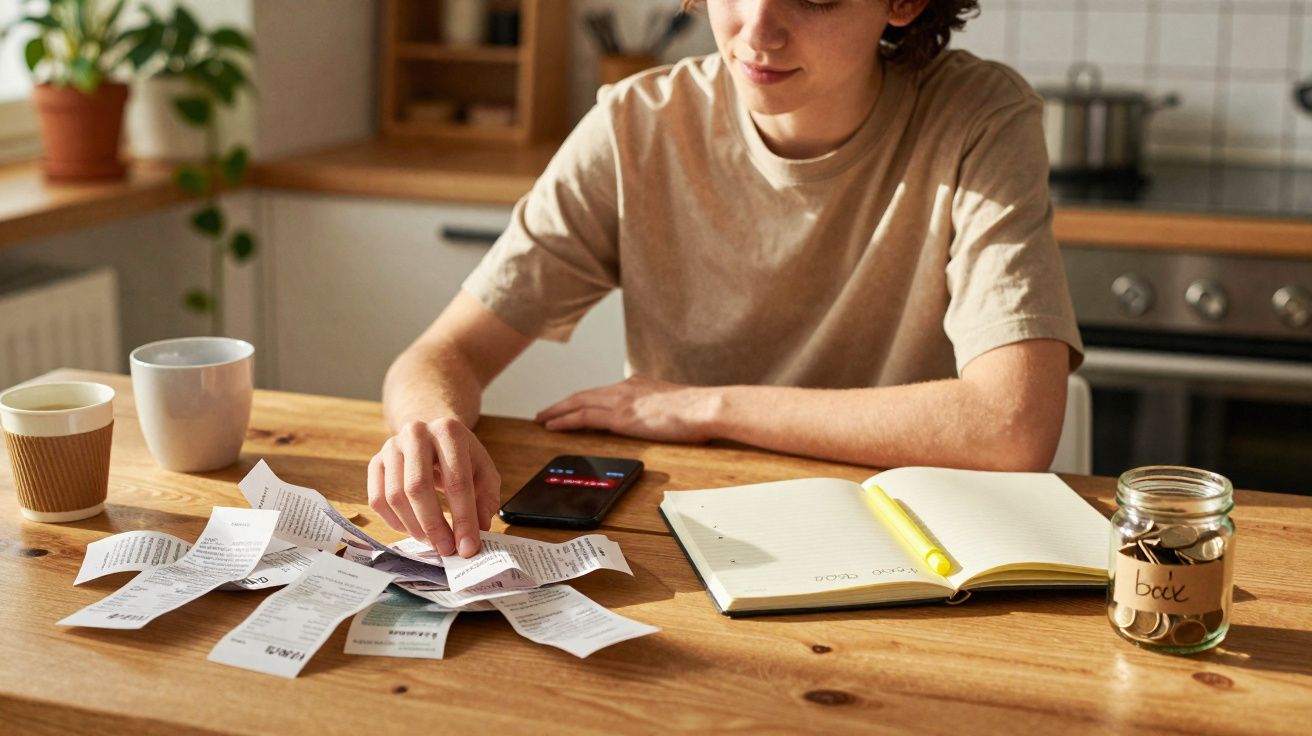 Pessoa organizando recibos sobre mesa com bloco de anotações, celular, copos e pote com moedas.
