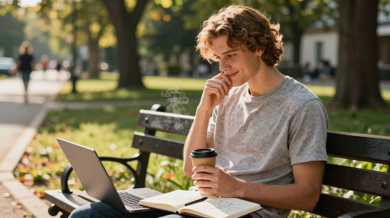 Jovem sentado em banco no parque, segurando café quente e olhando para notebook com caderno aberto.
