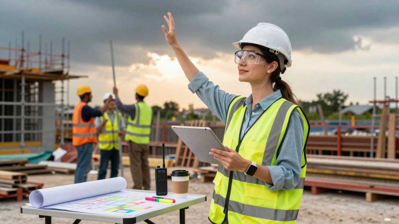 Mulher engenheira com colete e capacete, segurando tablet e acenando, em canteiro de obras ao pôr do sol.