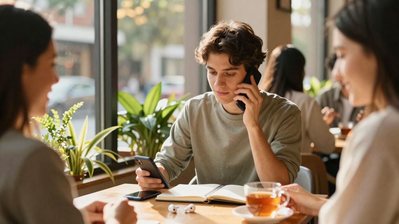 Jovem sentado em café, falando ao celular e olhando para outro aparelho, com caderno e chá na mesa.
