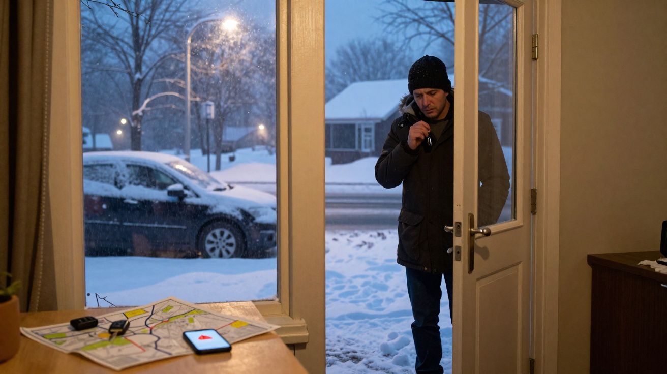 Homem vestido com casaco e gorro entra em casa com neve e carro ao fundo durante o entardecer.