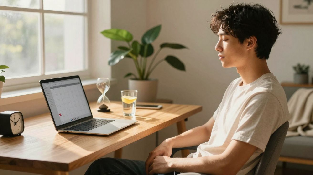 Jovem sentado em cadeira ao lado de mesa com laptop, relaxando e com olhos fechados em ambiente iluminado.
