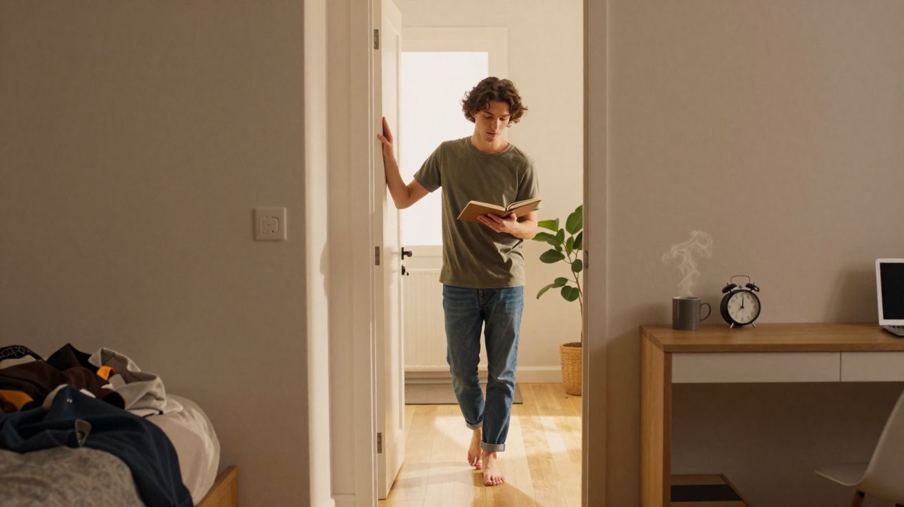 Jovem descalço lendo livro enquanto caminha por corredor iluminado em casa organizada e aconchegante.