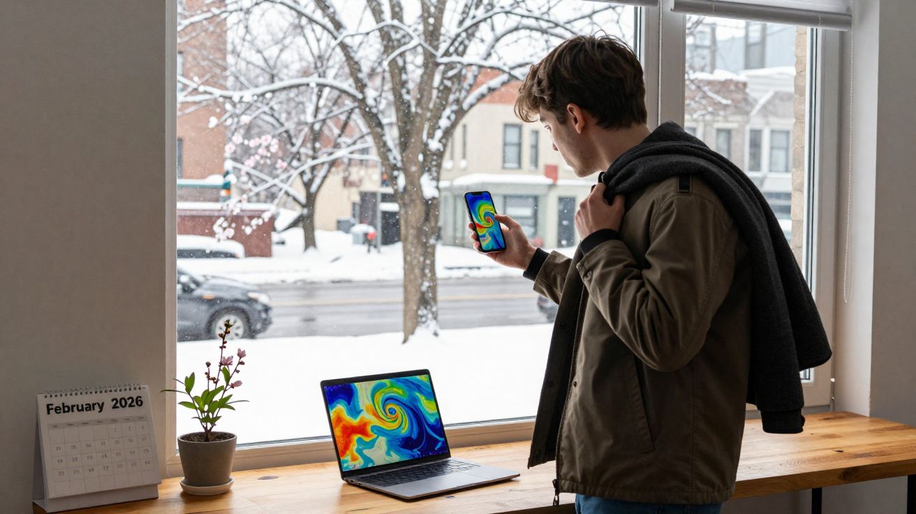 Homem observa celular com imagem colorida, ao lado de laptop e janela com paisagem de inverno.