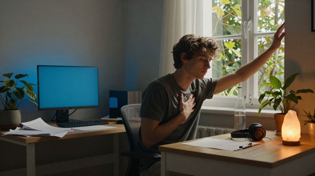 Jovem sentado na mesa do escritório com mão no peito e olhar preocupado, ao lado de janela iluminada.