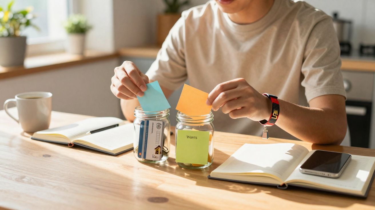 Pessoa organizando cartões coloridos em potes de vidro com etiquetas em uma mesa de madeira.