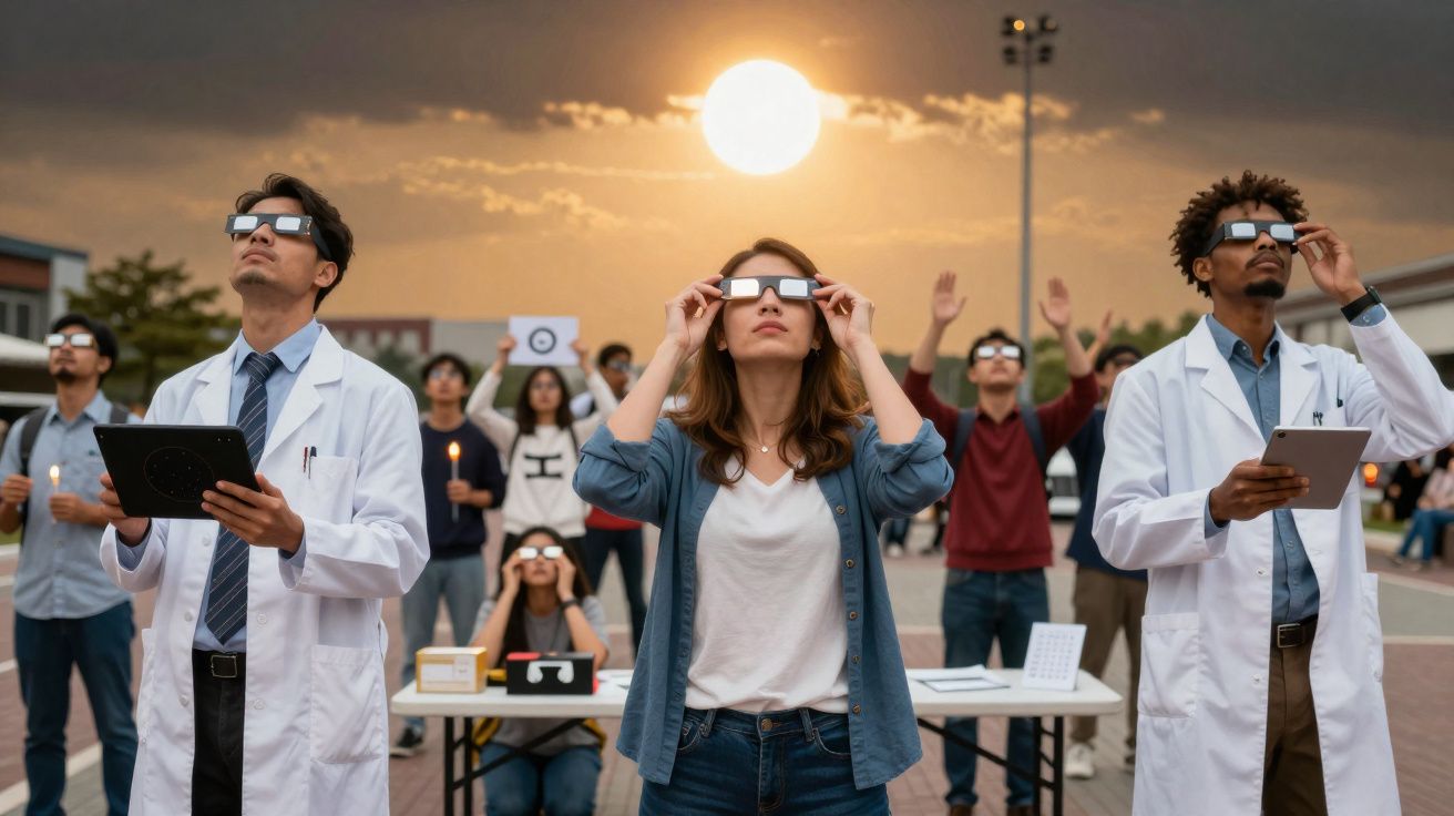 Grupo de pessoas usando óculos especiais observando eclipse solar ao ar livre ao pôr do sol.