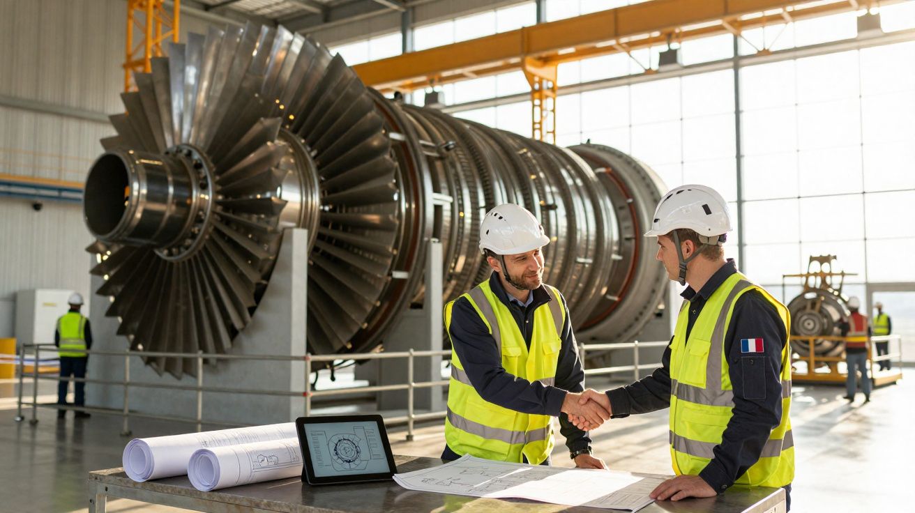 Dois engenheiros com capacetes e coletes de segurança apertam as mãos em fábrica com turbina industrial ao fundo.