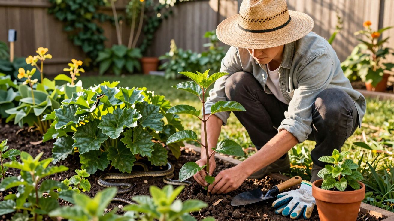 Pessoa usando chapéu plantando muda em jardim com ferramentas e plantas ao redor.