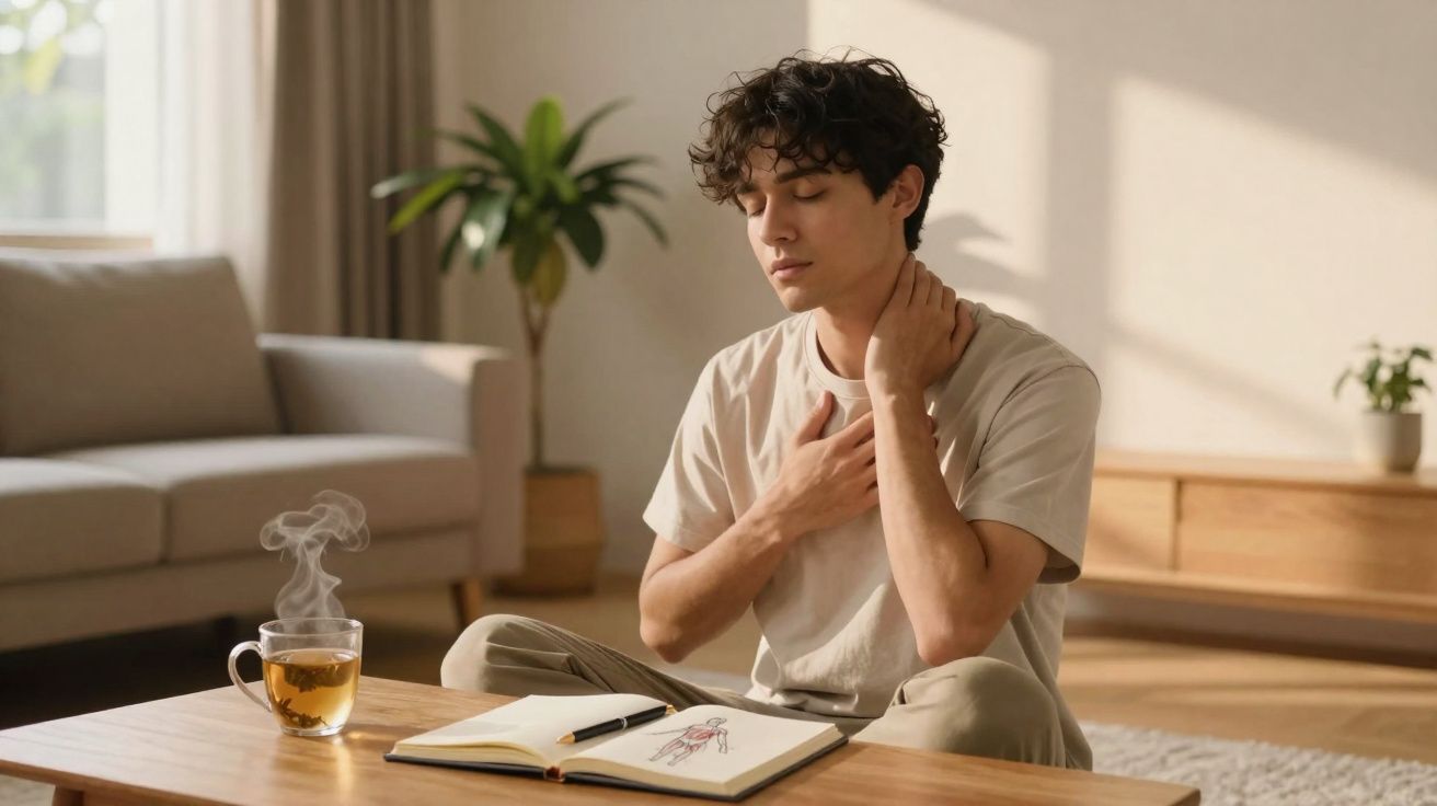 Jovem sentado no chão da sala com olhos fechados, segurando o pescoço e peito, ao lado de livro e chá fumegante.