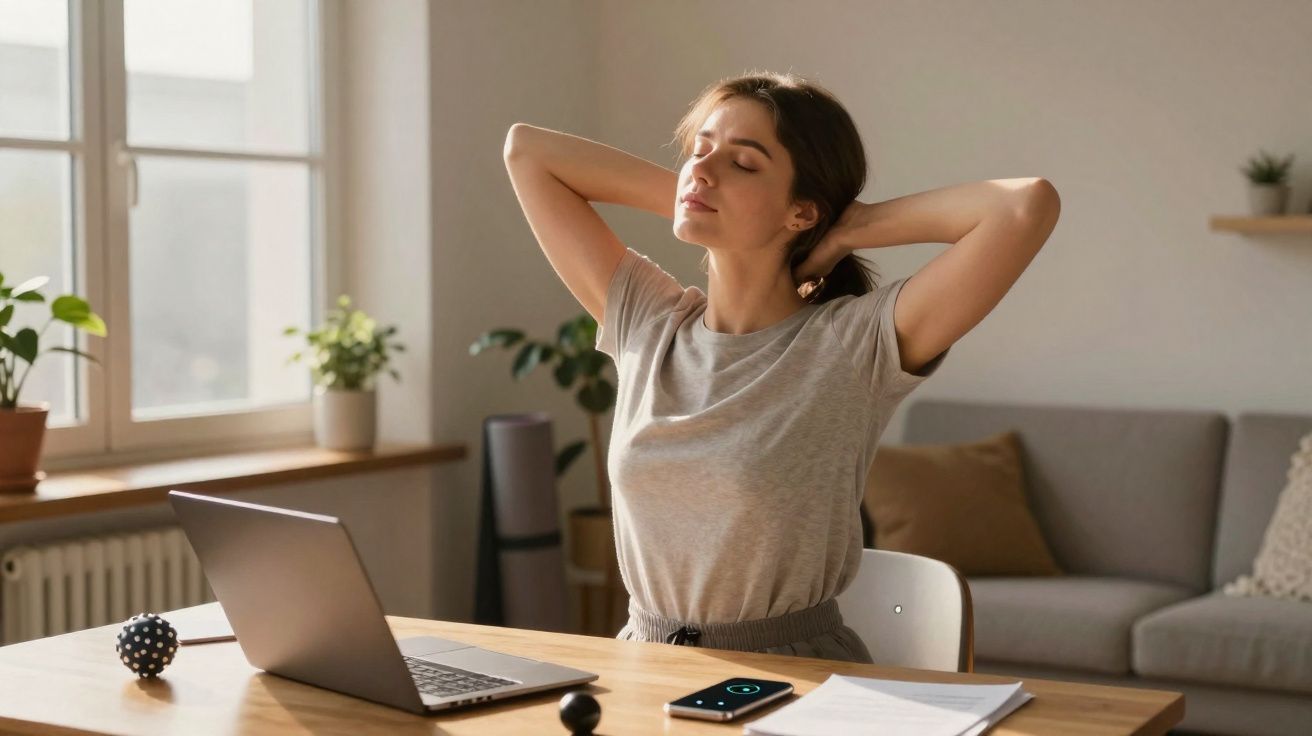 Mulher sentada em mesa de escritório estica os braços para trás enquanto relaxa com olhos fechados.