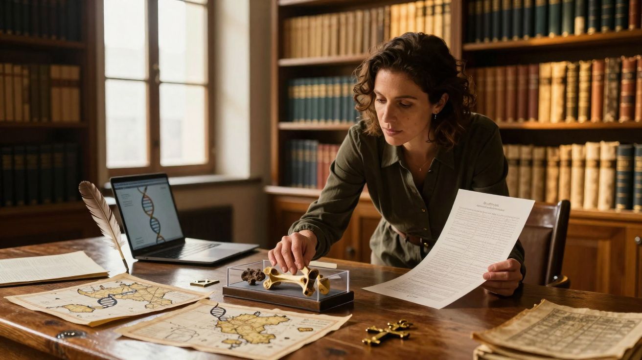 Mulher em biblioteca analisando mapa, documento e modelo ósseo sobre mesa de madeira.