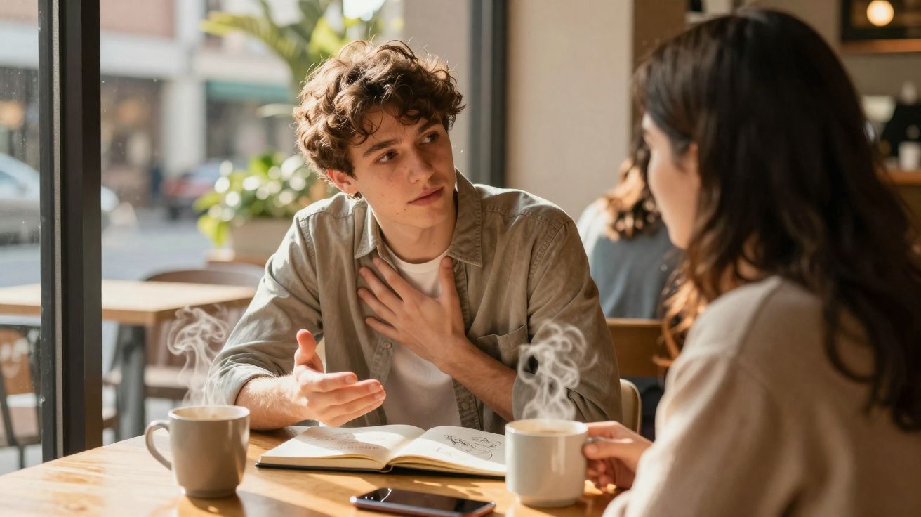 Jovem conversa com mulher em café, com livro aberto na mesa e xícaras de bebida quente.