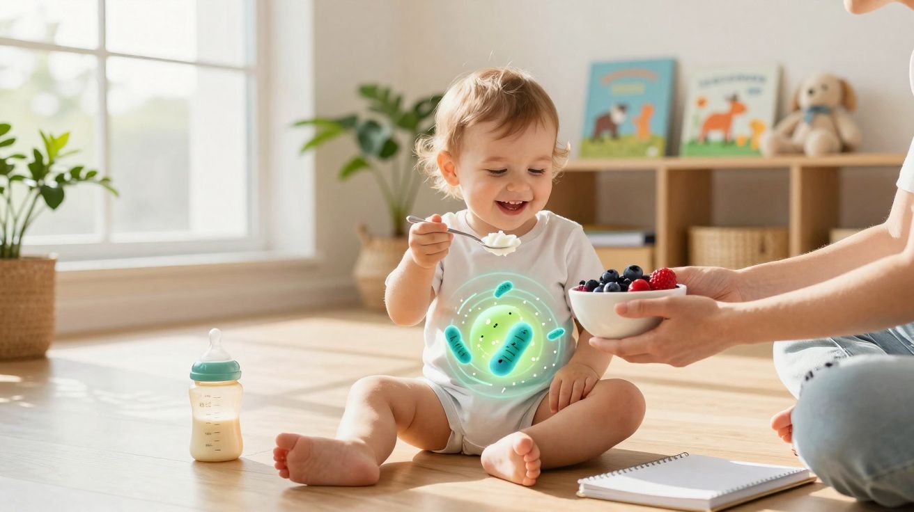 Bebê sorrindo sentado no chão recebendo fruta em tigela, com ilustração de bactérias sobre a barriga.