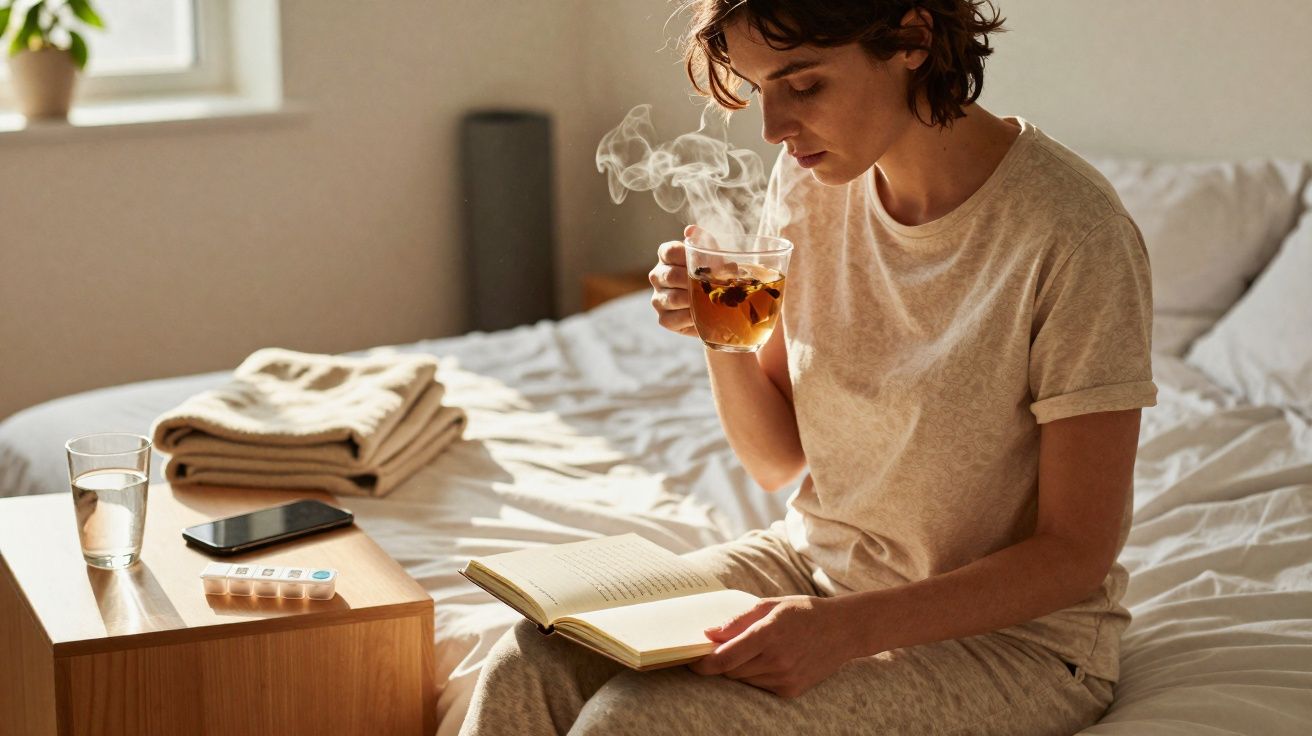 Pessoa sentada na cama lendo um livro e segurando uma xícara de chá quente em ambiente iluminado natural.