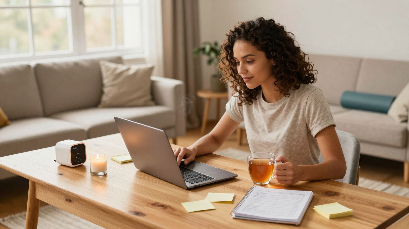 Mulher sentada à mesa com notebook, segurando xícara de chá, em uma sala com sofá ao fundo.