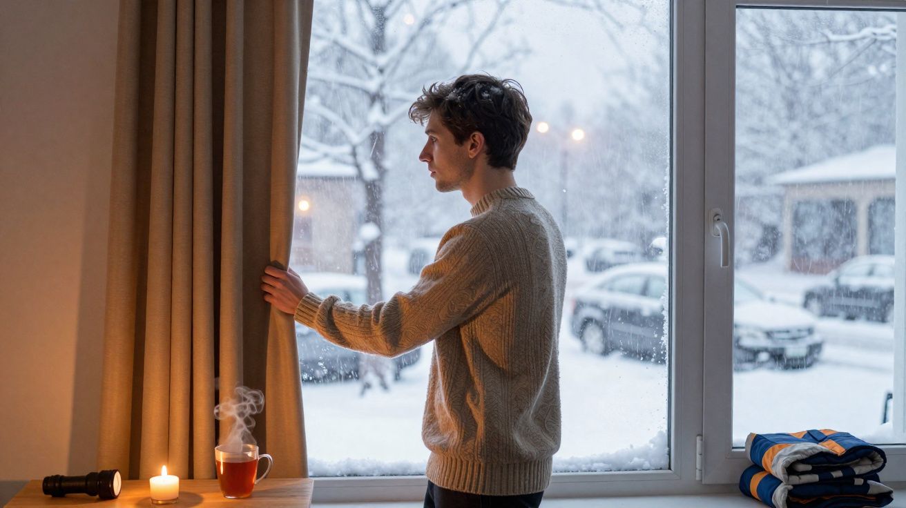 Homem olhando pela janela para a neve enquanto segura a cortina em ambiente interno com luz de vela e chá quente.