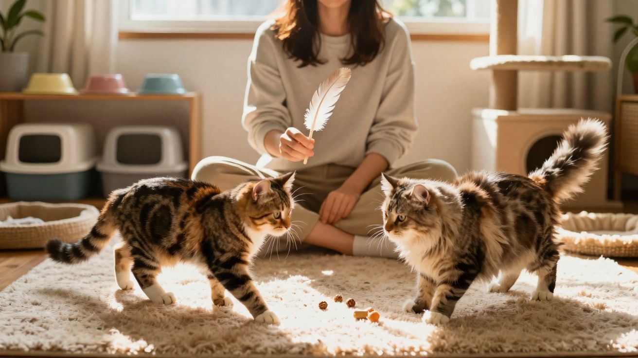 Mulher sentada no chão brincando com dois gatos com penas em um ambiente iluminado.