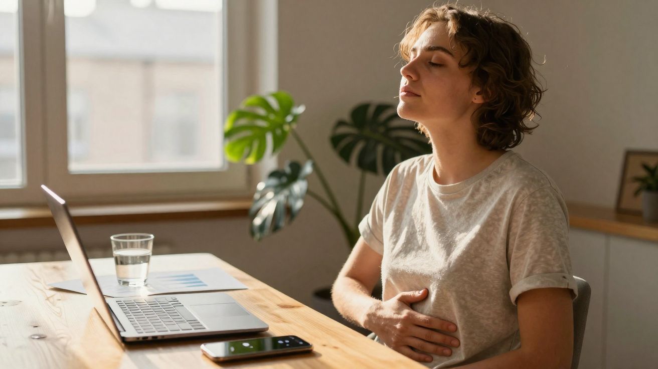 Pessoa sentada em mesa com laptop, olhos fechados e mão no estômago, aparentando desconforto.