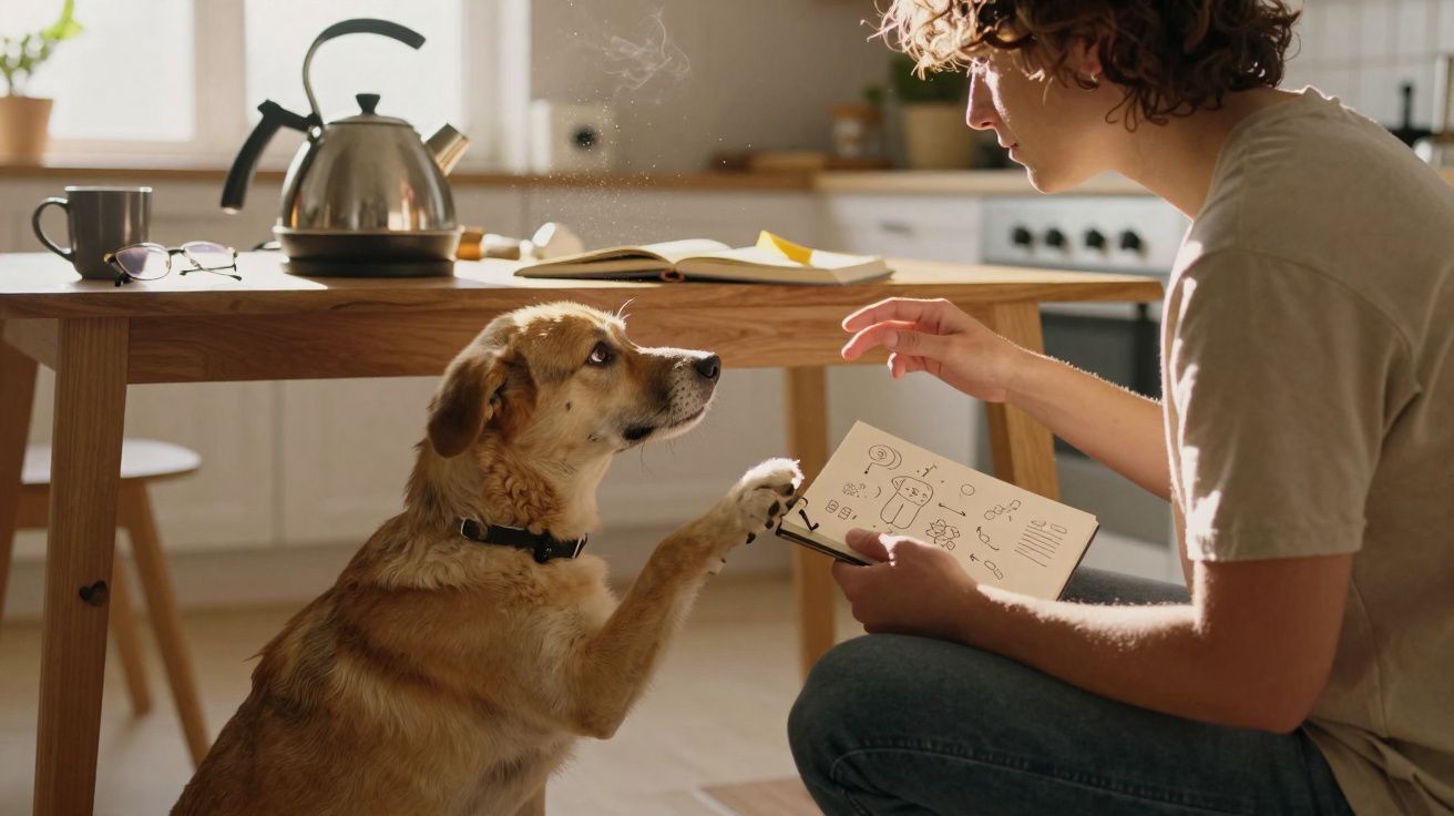 Pessoa ensinando um cachorro a dar a pata em uma cozinha iluminada pela manhã.