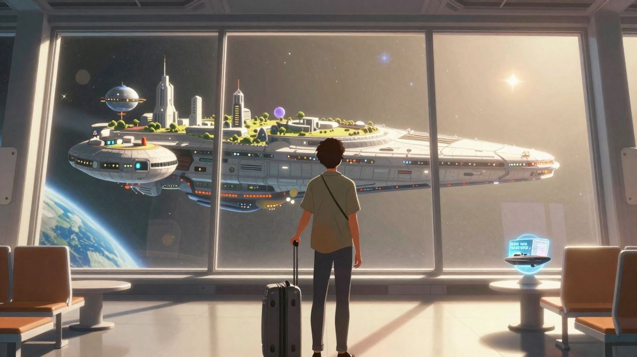 Jovem com mala observa nave espacial futurista com jardim, vista da janela de estação espacial.