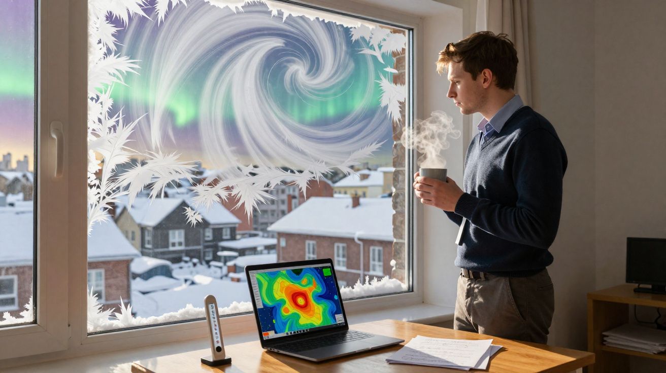 Homem segurando xícara quente ao lado de janela com geada e tempestade de neve vista do lado de fora.