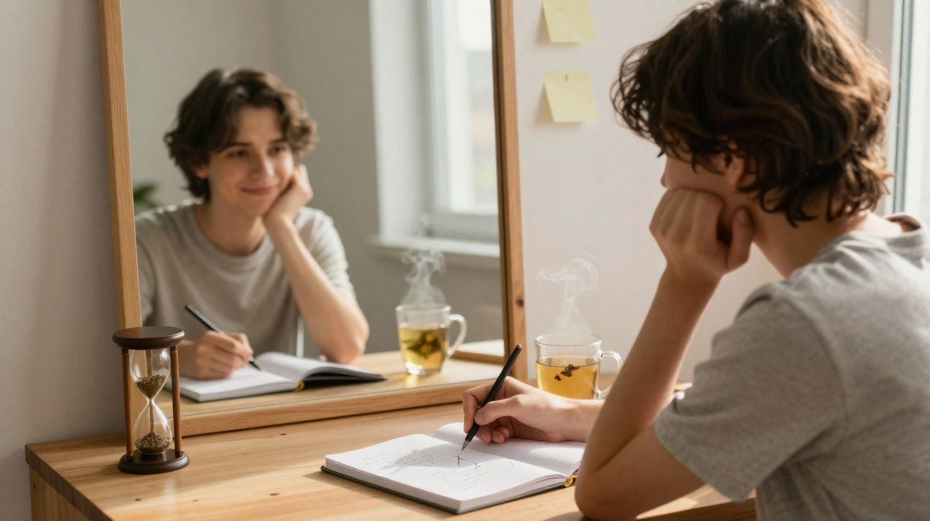 Jovem sentado à mesa escrevendo em caderno com refletor no espelho, chá e ampulheta à frente.