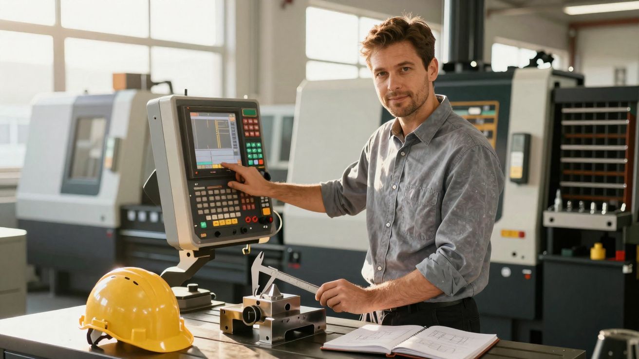 Homem operando máquina CNC em indústria, com capacete amarelo e ferramentas sobre a bancada de trabalho.
