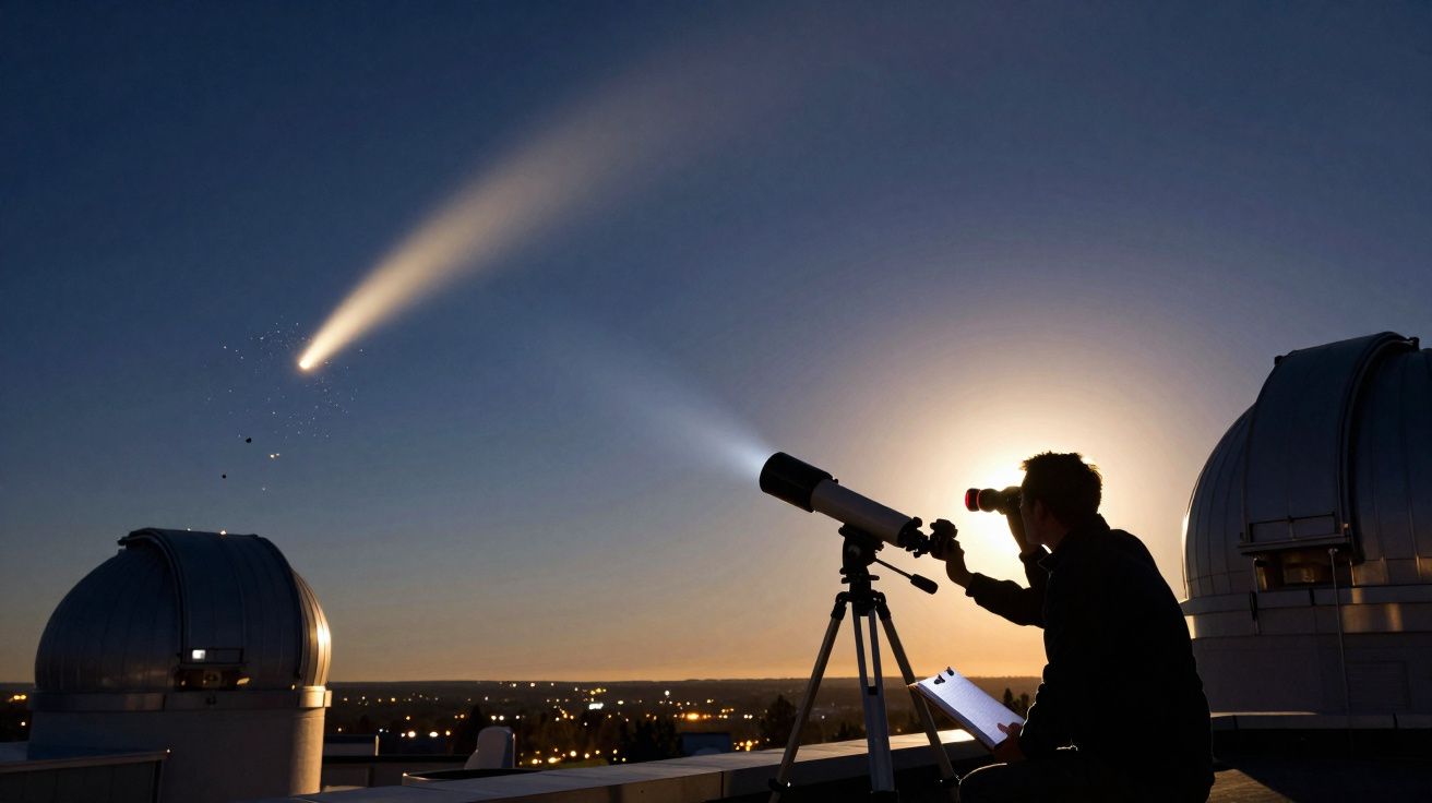 Pessoa observa com telescópio um cometa brilhante no céu noturno em observatório astronômico.