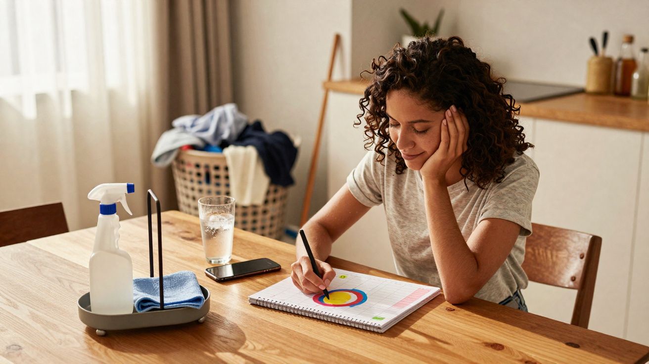 Jovem sentada à mesa desenhando gráficos coloridos em caderno em ambiente doméstico iluminado.