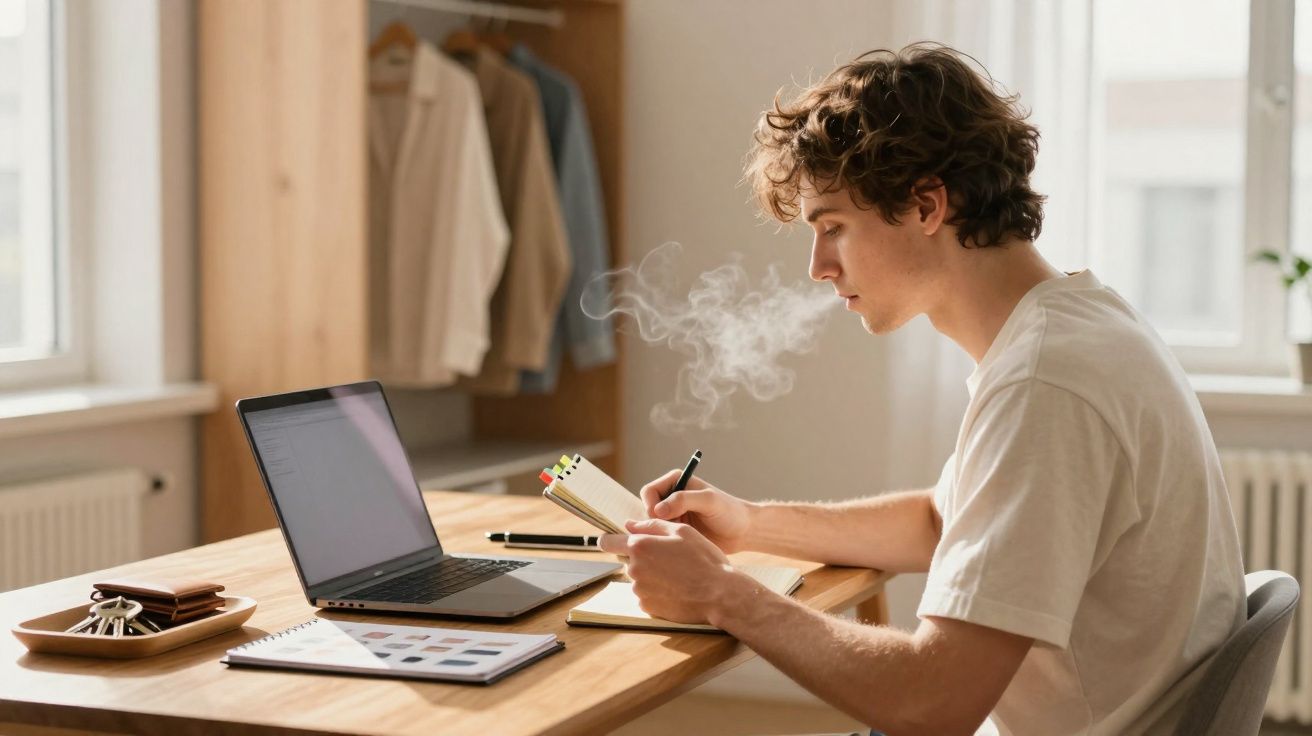 Jovem sentado à mesa escrevendo em caderno, com notebook aberto e documentos ao lado em ambiente iluminado.