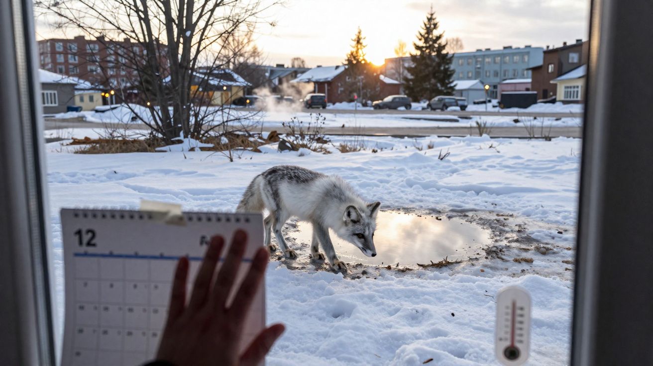 Raposa branca caminhando na neve perto de uma poça, vista através de uma janela com calendário e termômetro.