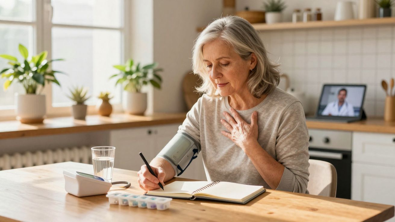 Mulher usando monitor de pressão, anotando dados em caderno, com medicamentos e consulta médica por vídeo no fundo.