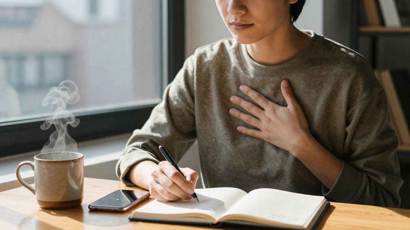 Pessoa escrevendo em um caderno com uma mão no peito, ao lado de uma xícara de café fumegante e um celular na mesa.