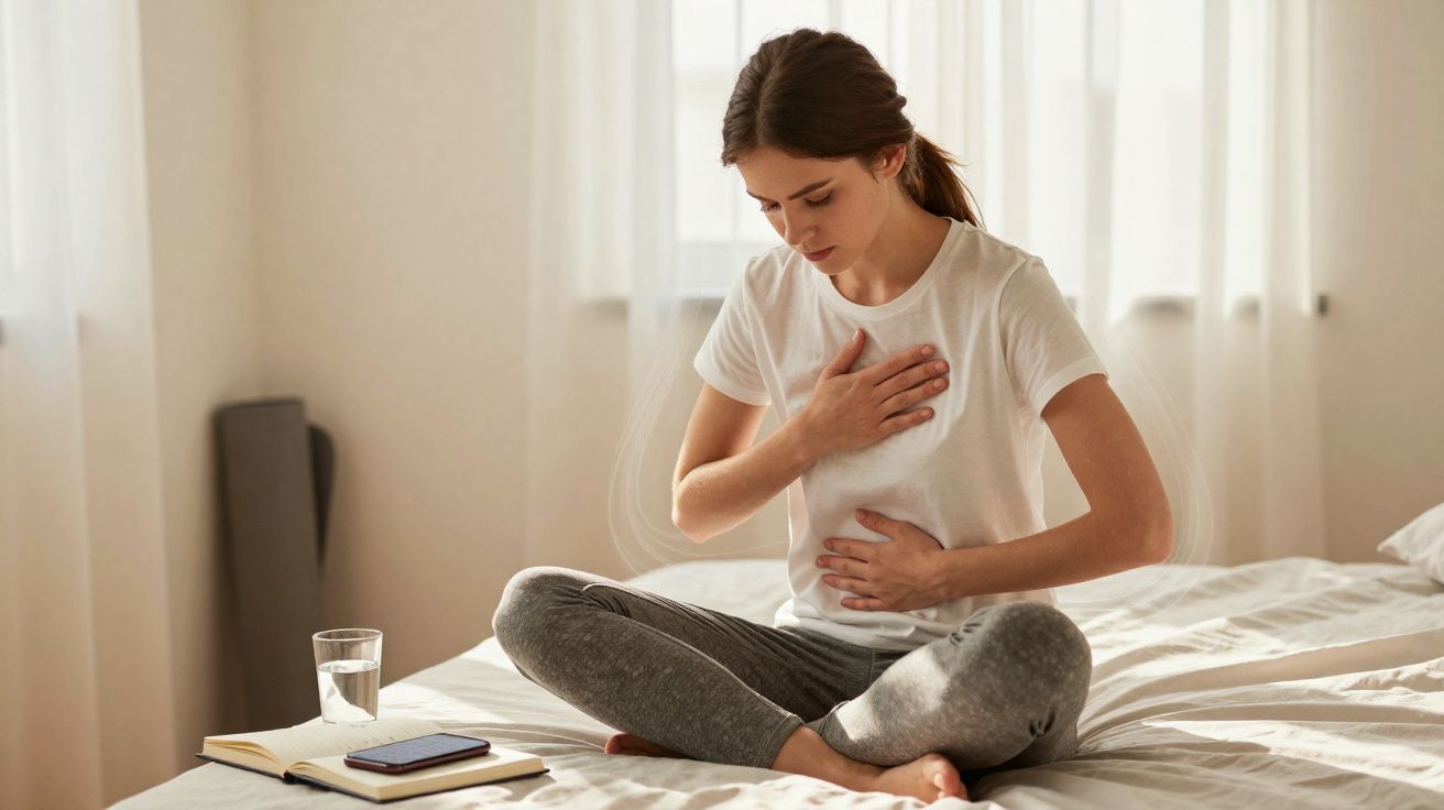 Mulher sentada na cama com expressão de dor, segurando o peito e a barriga, ao lado de celular e copo d'água.